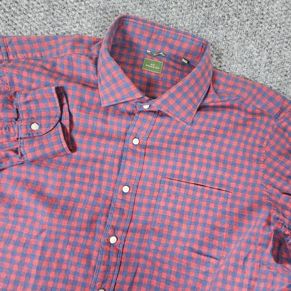 Sid Mashburn Mens XL Slim Fit Gingham Check Shirt Red Blue Cotton Wool Blend